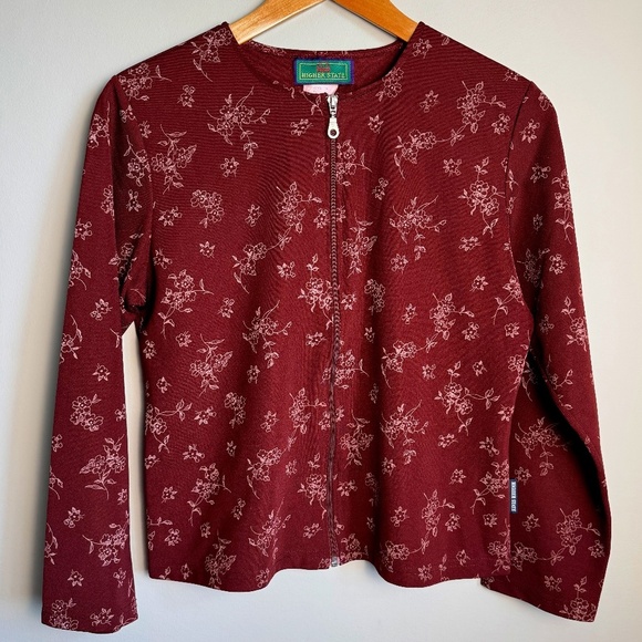 Higher State Tops - Higher State Women's Vintage Long‎ Sleeve Floral Zip Up Shacket Burgundy/Wine M